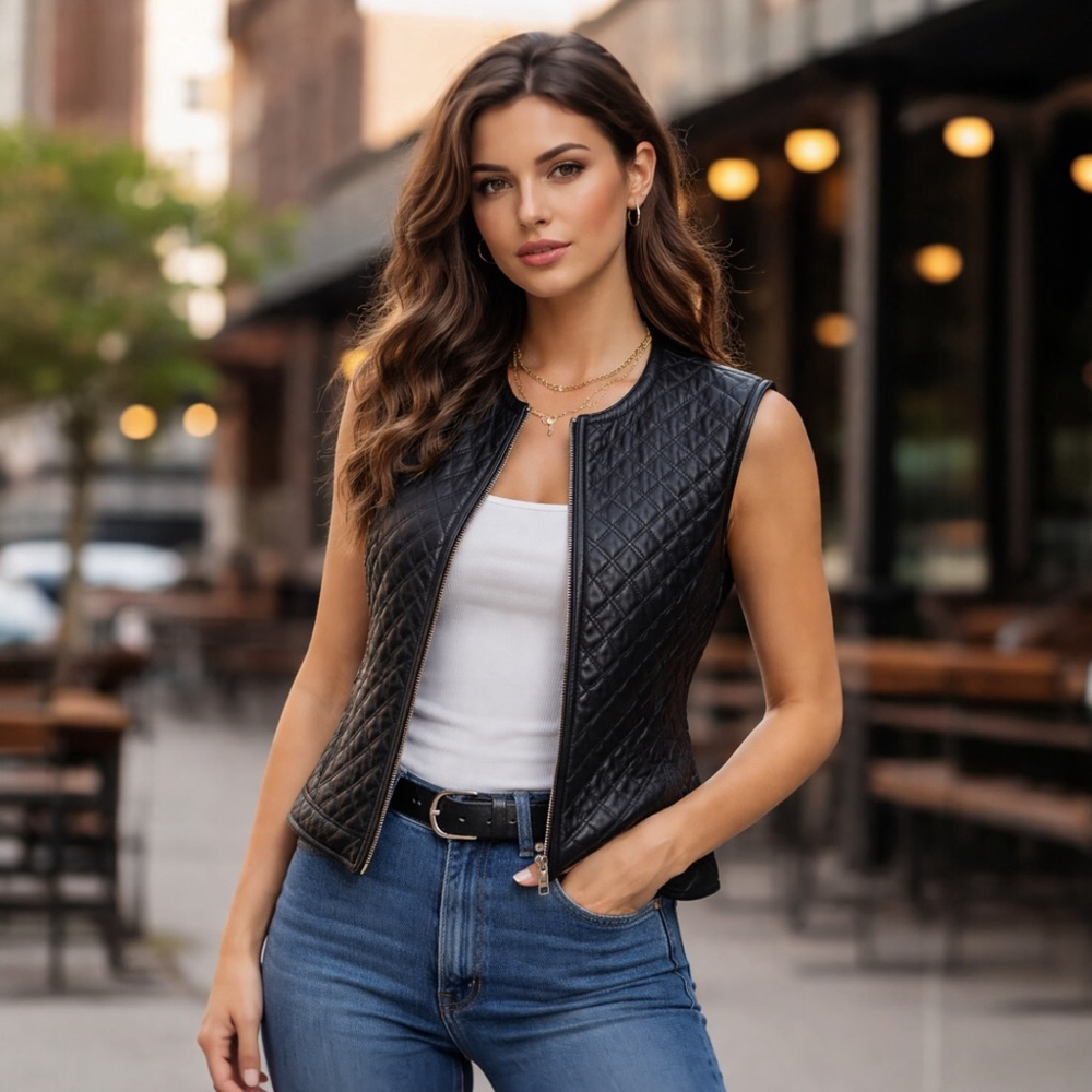 Black Quilted Leather Moto Vest Caslon Women’s L Real Lambskin Biker Streetwear